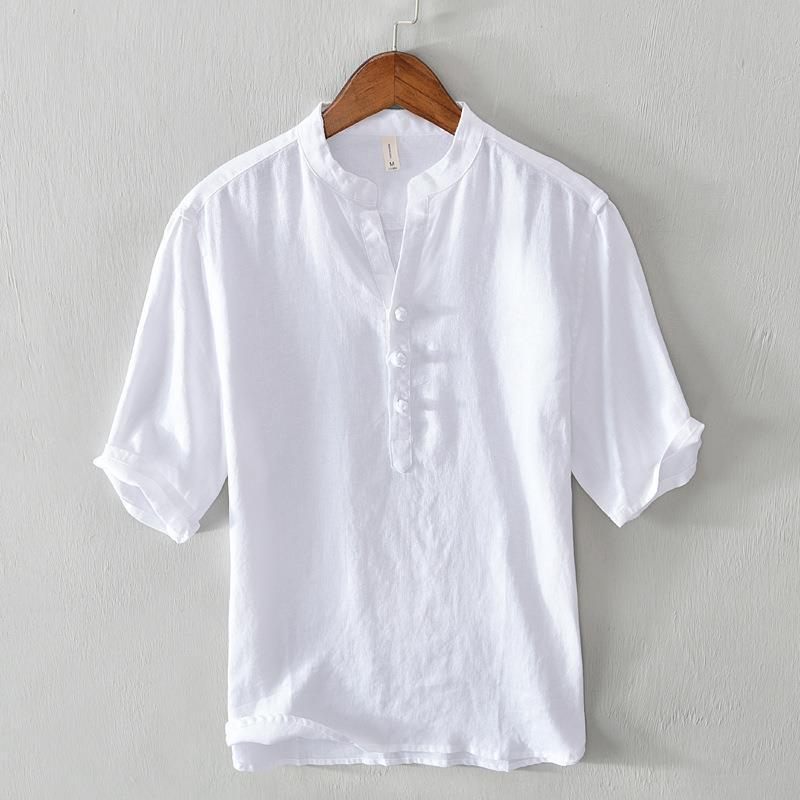 Capri Linen Band-Collar Shirt