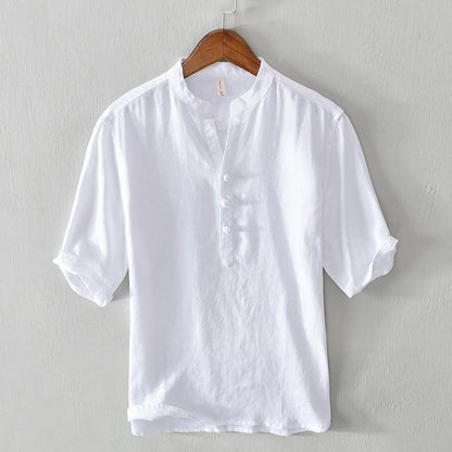 Capri Linen Band-Collar Shirt