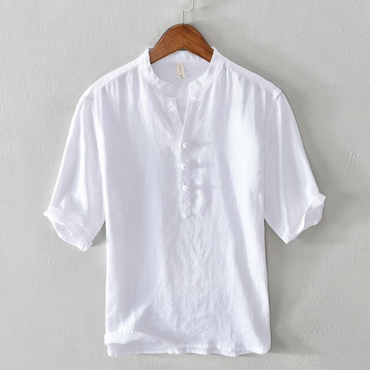 Capri Linen Band-Collar Shirt