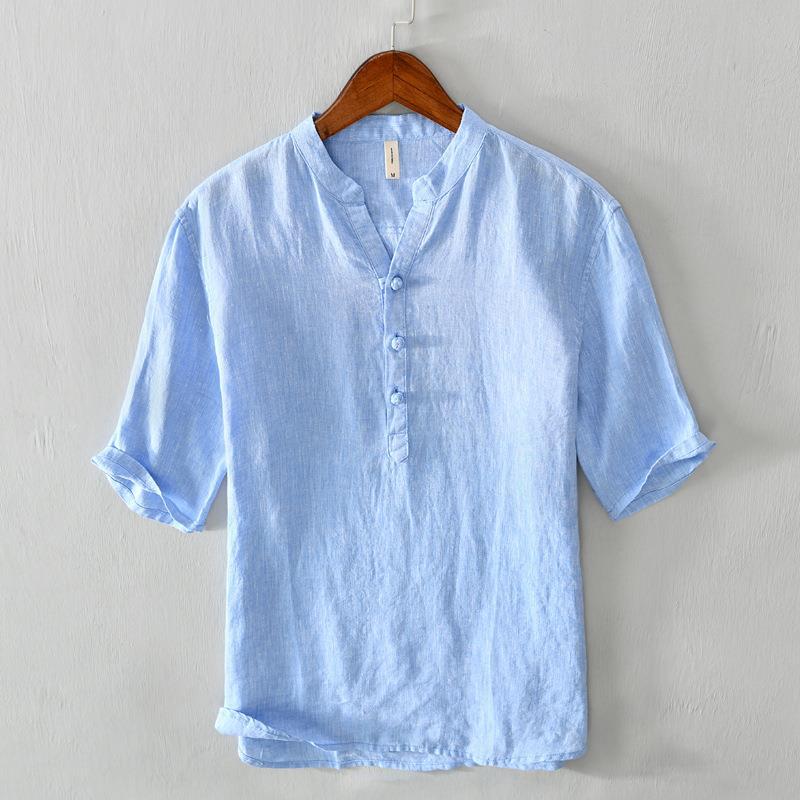 Capri Linen Band-Collar Shirt