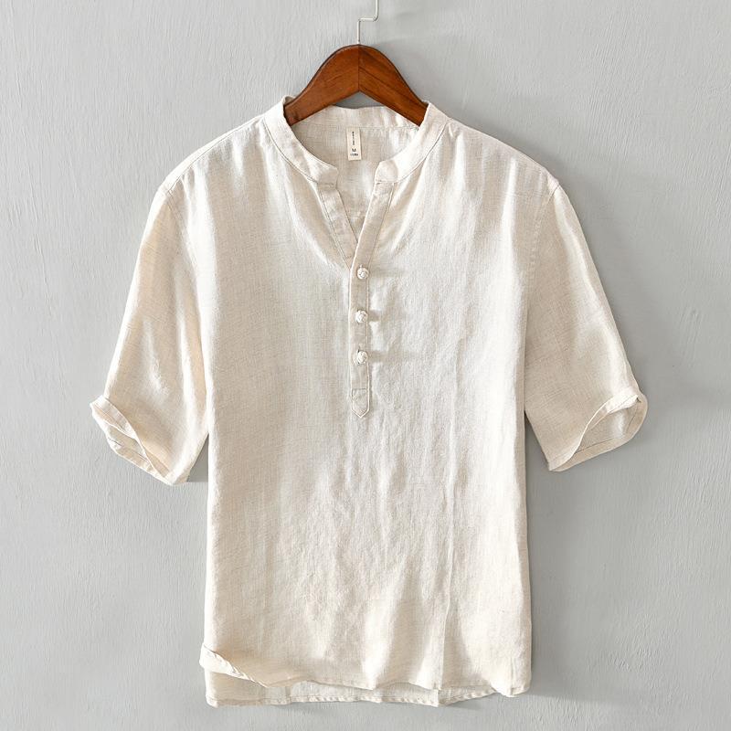 Capri Linen Band-Collar Shirt